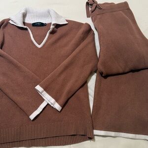 Brown Ribbed Knit Sweater and Pants Set